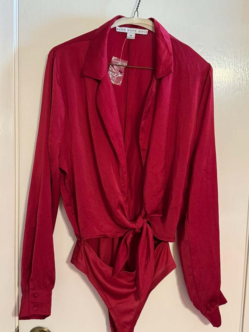 NEW HYFVE Red Satin Long Sleeve Tie Front Bodysuit Medium
